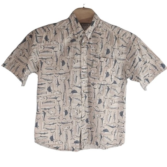 Columbia Mens Large Brown Fish Button Front Short Sleeve Shirt - Picture 3 of 5